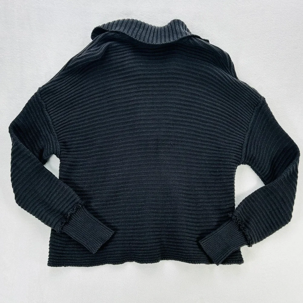 Free People Sweater Womens Small Black Chunky Rib Knit Collared Deep V Pullover